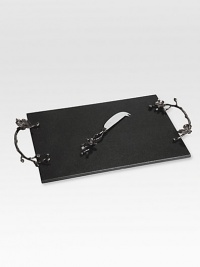 A stunning cheese board inspires any get-together with the forms and textures of nature, crafted with an artisan's eye from hammered stainless steel and blackened nickel-plated metal by one of America's premier metalwork artists. From the Black Orchid CollectionBoard, 18½ X 10Stainless steel knife, 8½ longHand washImported A stunning cheese board inspires any get-together with the forms and textures of nature, crafted with an artisan's eye from hammered stainless steel and blackened nickel-plated metal by one of America's premier metalwork artists. From the Black Orchid CollectionBoard, 18½ X 10Stainless steel knife, 8½ longHand washImported