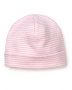 Cozy and cute, the striped cap from Kissy Kissy is rendered in narrow stripes with a cuffed rim and ric rac trim.