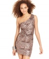 A knotted bodice creates a chic twist to this sequin, one-shoulder party dress from As U Wish!