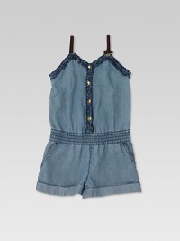 A bleached denim one-piece is given a pretty update with ruffled trim, signature web straps, bow and GG heart detail.Sweetheart necklineSleevelessFront snapsElastic waistbandCuffed hemSilk liningLyocellDry cleanMade in Italy Please note: Number of snaps may vary depending on size ordered. A bleached denim one-piece is given a pretty update with ruffled trim, signature web straps, bow and GG heart detail.Sweetheart necklineSleevelessFront snapsElastic waistbandCuffed hemSilk liningLyocellDry cleanMade in Italy Please note: Number of snaps may vary depending on size ordered.