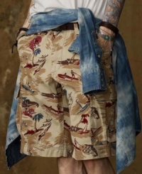 A tropical print adds laid-back flair to an otherwise rugged cargo short for a look that is casual and eclectic. A tropical print adds laid-back flair to an otherwise rugged cargo short for a look that is casual and eclectic.