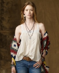 Delicate lace and a flowing silhouette add just the right amount of sweetness to Denim & Supply Ralph Lauren's boho-chic camisole, perfect for pairing with a sleek skinny jean or timeworn leather jacket. Delicate lace and a flowing silhouette add just the right amount of sweetness to Denim & Supply Ralph Lauren's boho-chic camisole, perfect for pairing with a sleek skinny jean or timeworn leather jacket.