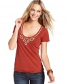 Beaded paisley details elevate this Lucky Brand Jeans tee for a stylish casual look -- pair it with your fave fall denim!