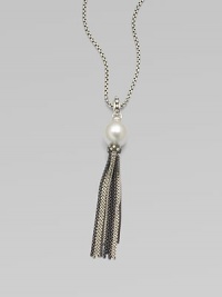 From the Midnight Pearl Collection. An elegant design featuring a lustrous white pearl with diamond accents and a two-tone, sterling silver box chain tassel. About 15-16MM white South Sea pearlDiamonds, .32 tcwSterling silver and blackened sterling silverLength, about 32Lobster clasp closureImported From the Midnight Pearl Collection. An elegant design featuring a lustrous white pearl with diamond accents and a two-tone, sterling silver box chain tassel. About 15-16MM white South Sea pearlDiamonds, .32 tcwSterling silver and blackened sterling silverLength, about 32Lobster clasp closureImported