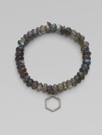 This labradorite beaded, stretch design is accented with a diamond embellished rhodium hexagon charm for a sleek look. Labradorite beadsRhodiumDiamonds, .16 tcwLength, about 6¾Elastic slip-on styleMade in USA of imported materials This labradorite beaded, stretch design is accented with a diamond embellished rhodium hexagon charm for a sleek look. Labradorite beadsRhodiumDiamonds, .16 tcwLength, about 6¾Elastic slip-on styleMade in USA of imported materials