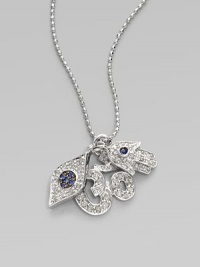 A whimsical trio of hamsa, evil eye, and om charms, rendered in sparkling diamonds and rich blue sapphires, hang from a delicate white gold chain. Diamonds, 0.21 tcw Sapphires 14K white gold Chain length, about 16 Claw clasp Made in USA A whimsical trio of hamsa, evil eye, and om charms, rendered in sparkling diamonds and rich blue sapphires, hang from a delicate white gold chain. Diamonds, 0.21 tcw Sapphires 14K white gold Chain length, about 16 Claw clasp Made in USA