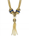 Shake your tassels! This Y necklace from INC International Concepts highlights blue plastic stones and hematite glass, and crystal accents in a linked ring setting with dangling gold tone chains. Crafted in gold tone mixed metal. Approximate length: 18 inches + 2-inch extender. Approximate drop: 9 inches.