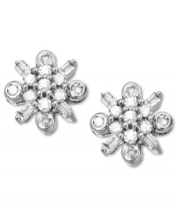 Springtime sparkle. These luminous stud earrings feature round and baguette-cut diamonds (1/4 ct. t.w.) in the shape of flowers. Set in 14k white gold. Approximate diameter: 2/5 inch. Springtime sparkle. These luminous stud earrings feature round and baguette-cut diamonds (1/4 ct. t.w.) in the shape of flowers. Set in 14k white gold. Approximate diameter: 2/5 inch.