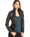 In a crinkled faux-leather, this GUESS jacket is a sleek fall layering piece -- perfect for adding edge to your look!
