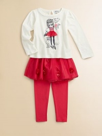 Give your little princess options with this three-piece set, featuring a printed top, tulle skirt and bright leggings.Long sleeve top with ruffled tulle collar and penciled girl graphicLeggings have an elastic waistTop: cotton/polyesterLeggings: cotton/spandexSkirt: polyesterMachine washImported Give your little princess options with this three-piece set, featuring a printed top, tulle skirt and bright leggings.Long sleeve top with ruffled tulle collar and penciled girl graphicLeggings have an elastic waistTop: cotton/polyesterLeggings: cotton/spandexSkirt: polyesterMachine washImported