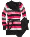 She'll look like little miss style in this contemporary striped sweater dress and leggings set by Planet Gold.