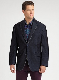 A timeless, tailored two-button blazer is rendered in a fine wale corduroy with a delicate, contrast trim.Button-frontNotch lapelChest welt, waist flap pocketsRear vent55% polyester/45% cottonDry cleanImported