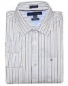 Tommy Hilfiger Men Custom Fit Logo Long Sleeve Striped Shirt (L(16.5-17), White/yellow/navy)