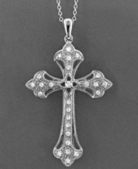 Antiquated style with sparkling beauty. This intricate cross pendant features round-cut diamond (1/4 ct. t.w.) set in 14k white gold. Approximate length: 18 inches. Approximate drop: 1-5/8 inches. Antiquated style with sparkling beauty. This intricate cross pendant features round-cut diamond (1/4 ct. t.w.) set in 14k white gold. Approximate length: 18 inches. Approximate drop: 1-5/8 inches.