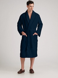 Deeply luxurious in every way, with a comforting shawl collar, wide roll-up cuffs and useful patch pockets. Self belt and loops Calf length Pure cotton terry velour Machine wash Imported Deeply luxurious in every way, with a comforting shawl collar, wide roll-up cuffs and useful patch pockets. Self belt and loops Calf length Pure cotton terry velour Machine wash Imported