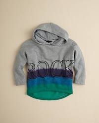 This rockin' hoodie spells it out in plain English, adding a splash of tie dye to finish the look. This rockin' hoodie spells it out in plain English, adding a splash of tie dye to finish the look.