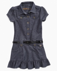 Dressy denim. This dress from Guess has all the adorable details to keep her cute, including oversize buttons, button-down pockets and a dainty accessory belt. Dressy denim. This dress from Guess has all the adorable details to keep her cute, including oversize buttons, button-down pockets and a dainty accessory belt.