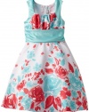 Rare Editions Girls 7-16 Floral Border Print Shantung Dress, Aqua/Coral, 8