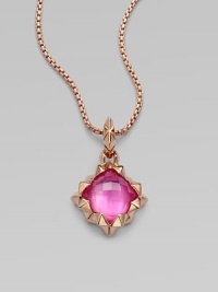 From the Superstud Collection. A faceted dome of pretty pink sapphire quartz is layered over mother-of-pearl, creating richness and depth in this striking pendant within a spiky zigzag setting on a glowing box chain.Pink sapphire quartz and white mother-of-pearlRose goldplated sterling silverChain length, about 18Pendant length, about 1¾Lobster claspImported From the Superstud Collection. A faceted dome of pretty pink sapphire quartz is layered over mother-of-pearl, creating richness and depth in this striking pendant within a spiky zigzag setting on a glowing box chain.Pink sapphire quartz and white mother-of-pearlRose goldplated sterling silverChain length, about 18Pendant length, about 1¾Lobster claspImported