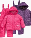 You'll always be able to spot her in the snow in one of these cozy jacket and snow bib sets from Pink Platinum.