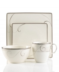 Fluid platinum scrolls glide freely through this stunning and, in a new square shape, sleek Platinum Wave place settings from Noritake. A timeless look in dishwasher-safe porcelain for fine dining or luxurious everyday meals. Coordinates with Platinum Wave and Eternal Wave stemware. Fluid platinum scrolls glide freely through this stunning and, in a new square shape, sleek Platinum Wave place settings from Noritake. A timeless look in dishwasher-safe porcelain for fine dining or luxurious everyday meals. Coordinates with Platinum Wave and Eternal Wave stemware.