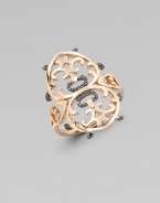 A beautifully intricate, 18k rose gold design accented in rich black diamonds. 18k rose goldBlack diamonds, .3 tcwImported