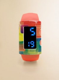 This delightful concept offers a smart, solid color digital watch paired with a splashy bezel cover that snaps on to change the look in an instant.Interchangeable geometric design coverBold pushbutton LED display with time, date and minutesLightweightWater-resistantSilicone strapPlastic case and coverSmall size: Children under 12Medium size: Children 12 and upImported This delightful concept offers a smart, solid color digital watch paired with a splashy bezel cover that snaps on to change the look in an instant.Interchangeable geometric design coverBold pushbutton LED display with time, date and minutesLightweightWater-resistantSilicone strapPlastic case and coverSmall size: Children under 12Medium size: Children 12 and upImported