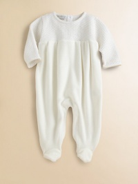 A beautiful knit top meets a velour bottom for an ultra-plush one-piece for baby.CrewneckLong sleevesBack buttonsBottom snapsPima cottonMachine washImported Please note: Number of snaps and buttons may vary depending on size ordered. A beautiful knit top meets a velour bottom for an ultra-plush one-piece for baby.CrewneckLong sleevesBack buttonsBottom snapsPima cottonMachine washImported Please note: Number of snaps and buttons may vary depending on size ordered.