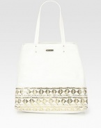 A pretty metallic woven pattern accents the bottom of this supple leather design.Double top straps, 10 dropCenter lobster clasp closureOne inside zip pocketFully lined14W X 14.5H X 6.5DImported