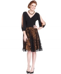 Jessica Howard's dress is full of captivating touches--split sleeves with a golden lining, a ruched waist and an animal-inspired skirt overlay are just a few! Jessica Howard's dress is full of captivating touches--split sleeves with a golden lining, a ruched waist and an animal-inspired skirt overlay are just a few!
