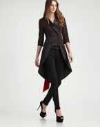 EXCLUSIVELY AT SAKS. A striking cut-away tailcoat defines this fitted jacket, cinched at the back by a vibrant satin sash.Satin lapelsThree-quarter sleevesButton frontPrincess seamsMock flap pocketsBack sash is detachableAbout 42 from shoulder to hemCottonDry cleanImportedModel shown is 5'10 (177cm) wearing US size 4.ABOUT THE DESIGNER Former fourth-grade schoolteacher Kara Laricks always told her students to be true to themselves. 