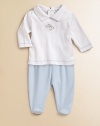 Crafted in lush pima cotton, a newborn's essential collared top and footed pants set features birdie embroidery and contrast stitching. Top Point collarLong sleevesBack snaps Pants Elastic waistbandPima cottonMachine washImported Please note: Number of snaps may vary depending on size ordered. 