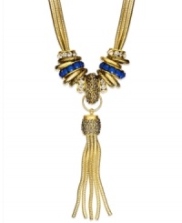 Shake your tassels! This Y necklace from INC International Concepts highlights blue plastic stones and hematite glass, and crystal accents in a linked ring setting with dangling gold tone chains. Crafted in gold tone mixed metal. Approximate length: 18 inches + 2-inch extender. Approximate drop: 9 inches. Shake your tassels! This Y necklace from INC International Concepts highlights blue plastic stones and hematite glass, and crystal accents in a linked ring setting with dangling gold tone chains. Crafted in gold tone mixed metal. Approximate length: 18 inches + 2-inch extender. Approximate drop: 9 inches.