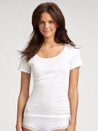 Minimal and chic, this seamless silhouette fits smoothly on the body.ScoopneckShort cap sleeves Mercerized cottonMachine washImported Minimal and chic, this seamless silhouette fits smoothly on the body.ScoopneckShort cap sleeves Mercerized cottonMachine washImported
