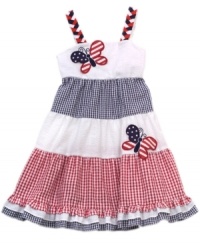 Display her spirit with this darling patriotic sundress from Rare Editions. Display her spirit with this darling patriotic sundress from Rare Editions.