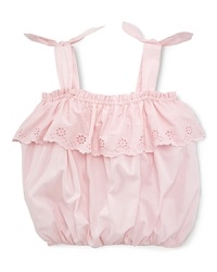 A relaxed bubble silhouette is crafted from airy woven cotton with sweet eyelet trim and tied straps for a decidedly girlie look. A relaxed bubble silhouette is crafted from airy woven cotton with sweet eyelet trim and tied straps for a decidedly girlie look.