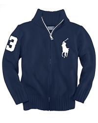 A timeless full-zip knit cotton sweater is updated with a heritage-inspired Big Pony. A timeless full-zip knit cotton sweater is updated with a heritage-inspired Big Pony.