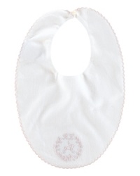 A soft cotton twill bib is finished with sweet floral embroidery and a scalloped trim. A soft cotton twill bib is finished with sweet floral embroidery and a scalloped trim.