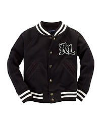 Classic varsity-inspired detailing and stylish graphics give the cotton-knit jacket a cool vintage look. Classic varsity-inspired detailing and stylish graphics give the cotton-knit jacket a cool vintage look.