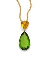 THE LOOKA bold faceted teardrop of tinted green glassHangs from a lemon-colored faceted glass trillionGolden chainLobster claspTHE FITChain length, about 22, plus 2 extenderPendant length, about 2½THE MATERIALGlass18k goldplatingORIGINImported