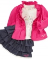 Ruffle up a fun, fashionable look for your little one with this Calvin Klein Jeans jacket, tee and scooter set.