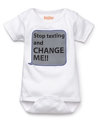 A short sleeve romper with Stop texting and CHANGE ME!! printed on front. A short sleeve romper with Stop texting and CHANGE ME!! printed on front.