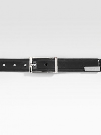 Leather belt with rectangular buckle and engraved metal detail. Palladium detail 1.2 wide Made in Italy 