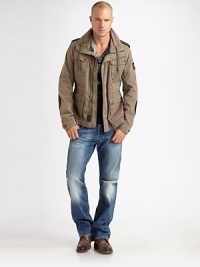 Utility-style outerwear style with leather detailing and military-inspired shoulder epaulettes that transitions through the seasonal elements in style.Zip frontCovered snap button placketChest, waist flap pocketsShoulder epaulettesCottonMachine washImported Utility-style outerwear style with leather detailing and military-inspired shoulder epaulettes that transitions through the seasonal elements in style.Zip frontCovered snap button placketChest, waist flap pocketsShoulder epaulettesCottonMachine washImported