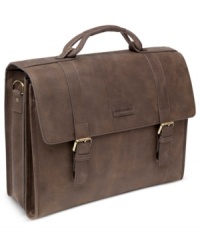 The allure of leather. This rich, buttery soft bag features a double-gusset construction and flap-over design with statement touches, like a signature figure-eight handle & classic buckle closures. Opening to reveal two spacious compartments with padded laptop protection, file pocket, easy-access stash pockets and so much more, this leather brief makes sophisticated living easy. The allure of leather. This rich, buttery soft bag features a double-gusset construction and flap-over design with statement touches, like a signature figure-eight handle & classic buckle closures. Opening to reveal two spacious compartments with padded laptop protection, file pocket, easy-access stash pockets and so much more, this leather brief makes sophisticated living easy.