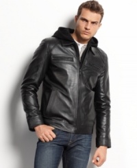 On the edge. Add some rebelliousness to your everyday style with this leather motorcycle jacket from Guess. On the edge. Add some rebelliousness to your everyday style with this leather motorcycle jacket from Guess.