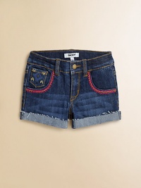 Classic jean shorts get an eye-catching update with colorful embroidery, studded details and slightly distressed, cuffed hem.Button closureWaistband with belt loopsZip flyFive-pocket styleSlightly distressed, cuffed hem68% cotton//31% polyester/1% spandexMachine washImported Classic jean shorts get an eye-catching update with colorful embroidery, studded details and slightly distressed, cuffed hem.Button closureWaistband with belt loopsZip flyFive-pocket styleSlightly distressed, cuffed hem68% cotton//31% polyester/1% spandexMachine washImported