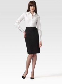 Simply sophisticated stretch wool with a classic, high-waist silhouette. Back zipper About 23 long Wool/lycra; dry clean Made in USA Simply sophisticated stretch wool with a classic, high-waist silhouette. Back zipper About 23 long Wool/lycra; dry clean Made in USA