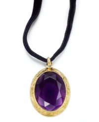Make any getaway a glamorous one with Lauren by Ralph Lauren's Bedford Weekend pendant necklace. A velvet ribbon suspends a stunning pendant with gold-tone details and a purple glass stone in the center. Approximate length: 18 inches + 2-inch extender. Approximate drop: 2 inches. Make any getaway a glamorous one with Lauren by Ralph Lauren's Bedford Weekend pendant necklace. A velvet ribbon suspends a stunning pendant with gold-tone details and a purple glass stone in the center. Approximate length: 18 inches + 2-inch extender. Approximate drop: 2 inches.