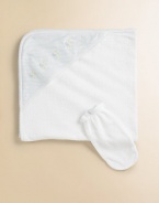 Soft cotton towel with gingham print hood and embroidery. Comes with mitt One size Imported